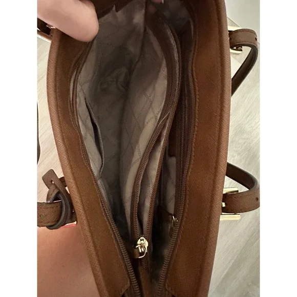 Michael Kors Brown Leather Tote Bag Gold‎ Tone MK Logo - Picture 5 of 11